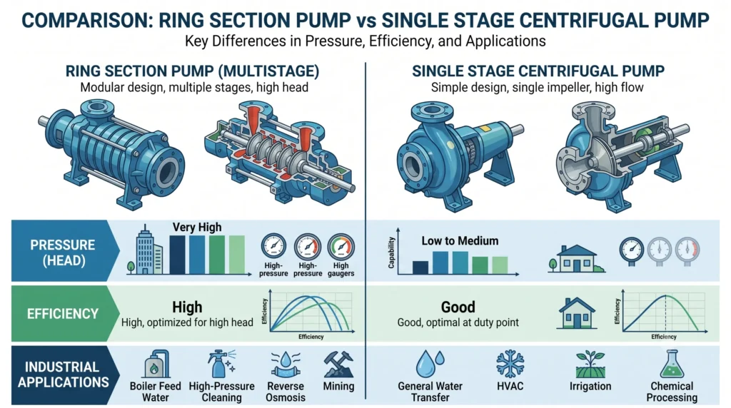 Comparison infographic highlighting the differences between a Ring Section Pump and a Single Stage Centrifugal Pump based on pressure, efficiency, and industrial applications.