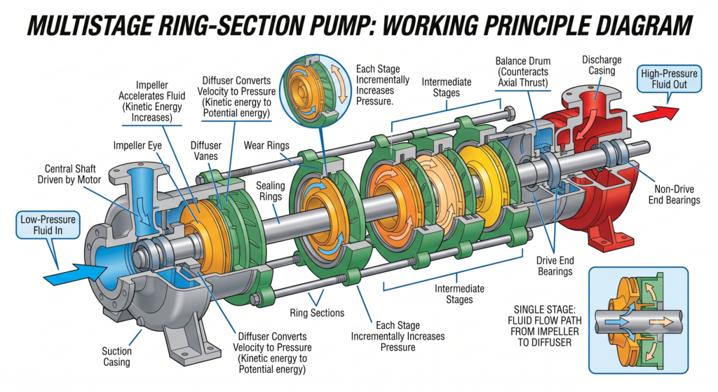 Ring Section Pump working principle illustrating the flow of liquid through multiple impeller stages to generate high discharge pressure.