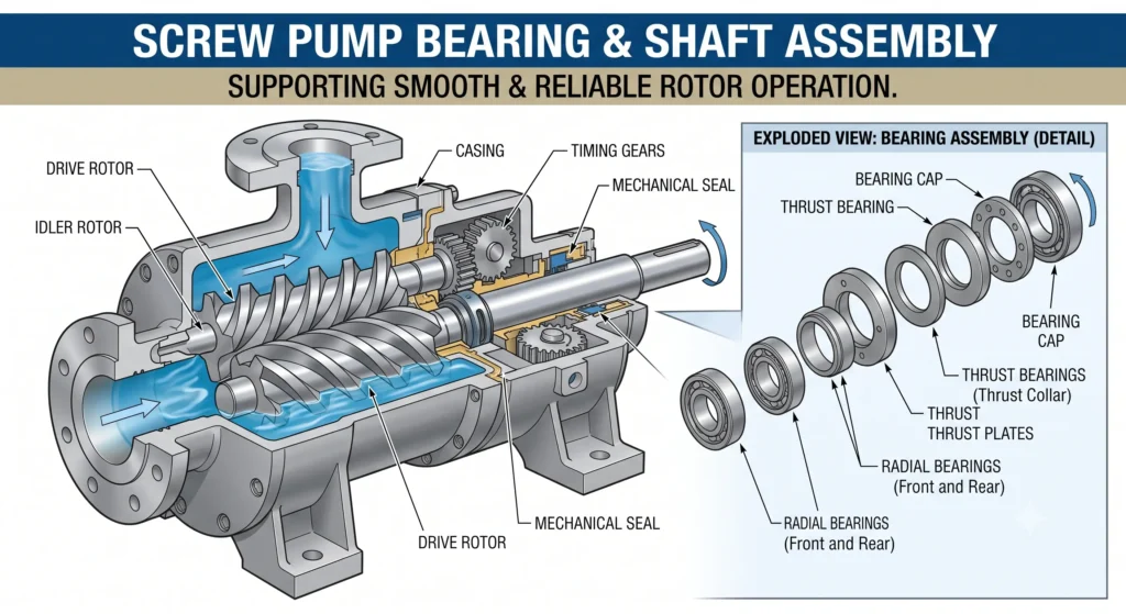 Screw pump bearing and shaft assembly supporting smooth and reliable rotor operation