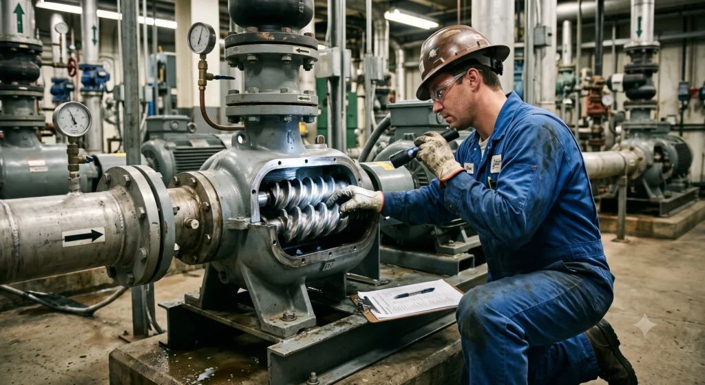 Maintenance technician inspecting an industrial screw pump during routine equipment maintenance