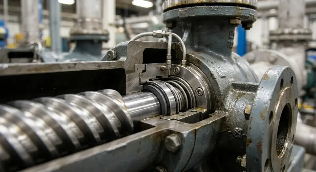 Mechanical seal assembly used in a screw pump to prevent fluid leakage around the rotating shaft
