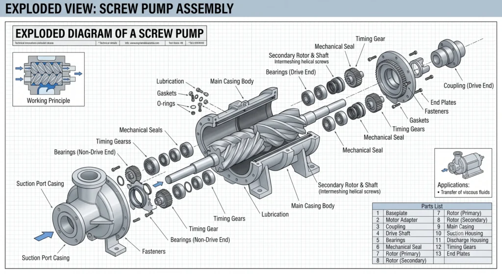 Exploded view of screw pump parts showing rotor, shaft, bearings, mechanical seal, casing, and coupling