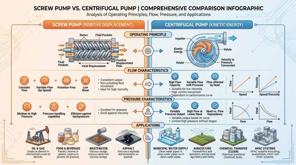 Comparison of screw pumps and centrifugal pumps based on operating principle, flow, pressure, and applications