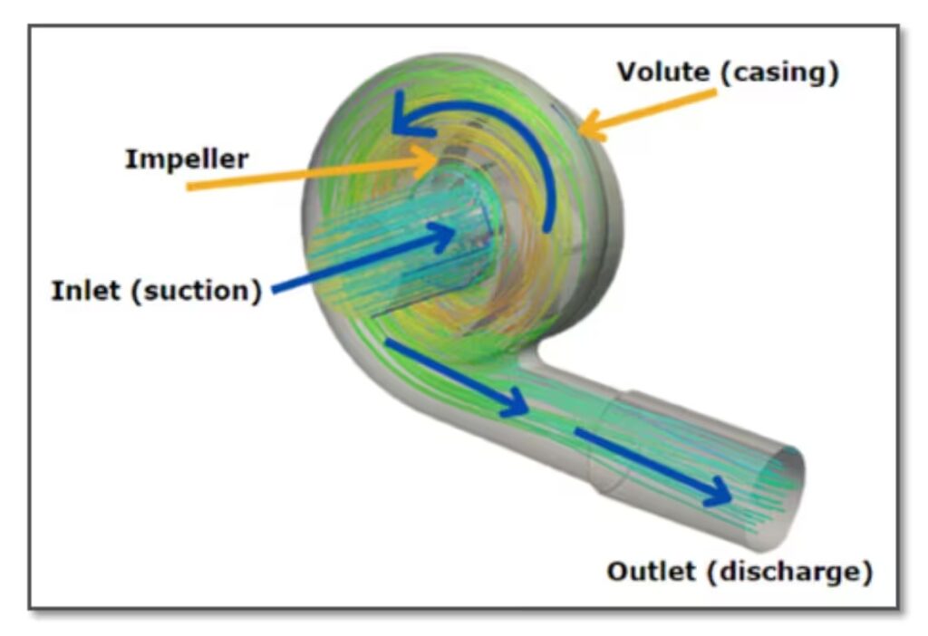 Working principle of a Wilo centrifugal pump showing impeller, suction, and discharge flow